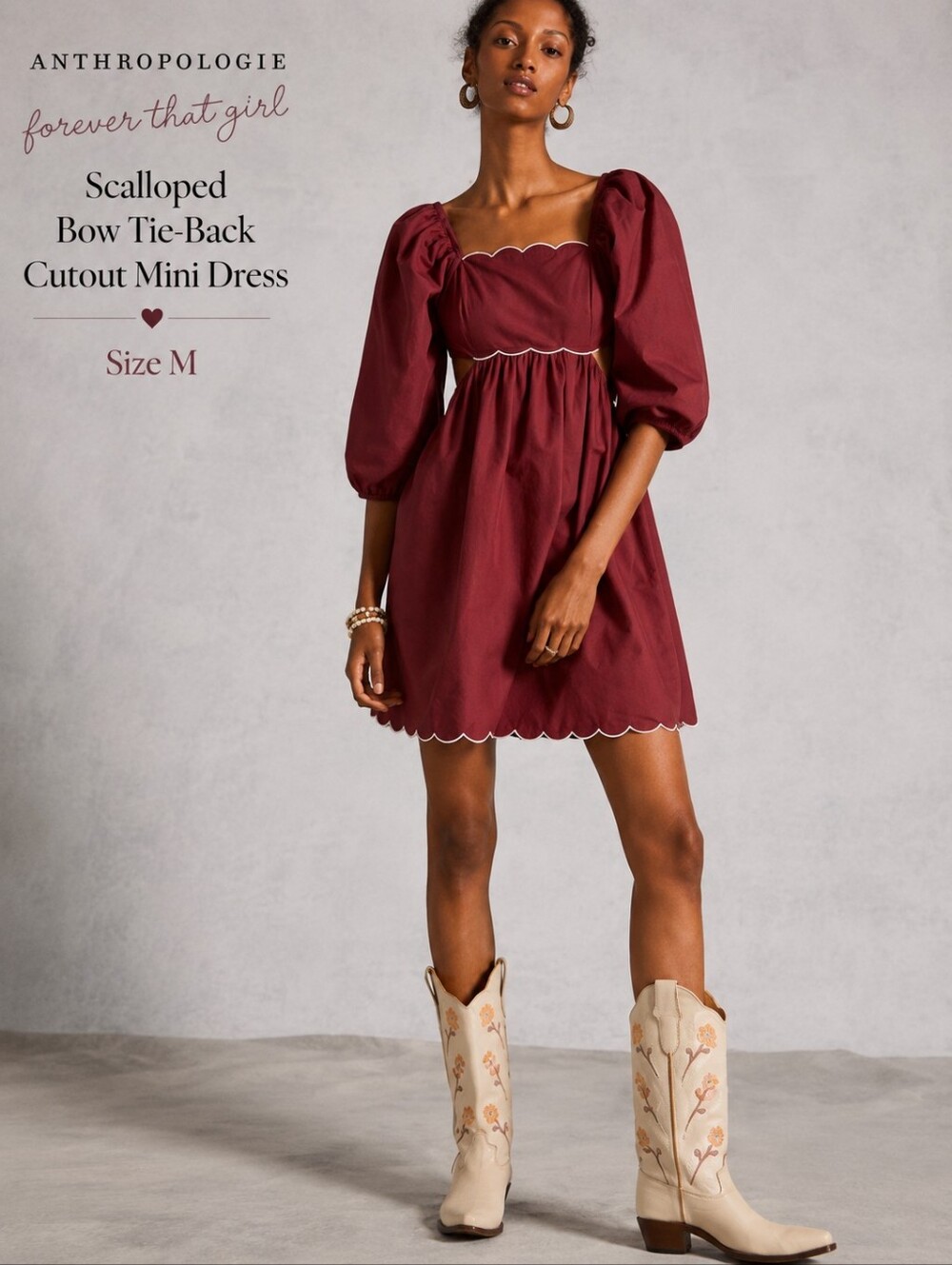 Anthropologie Scalloped Hem Cutout Mini Dress in Burgundy